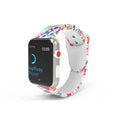 Colourful tie-dye silicone Apple Watch band with connector, shown alongside long and standard length options.
