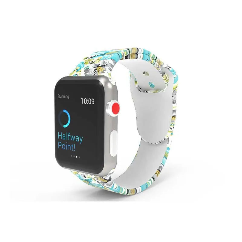 Colourful tie-dye silicone Apple Watch band with connector, shown alongside long and standard length options.