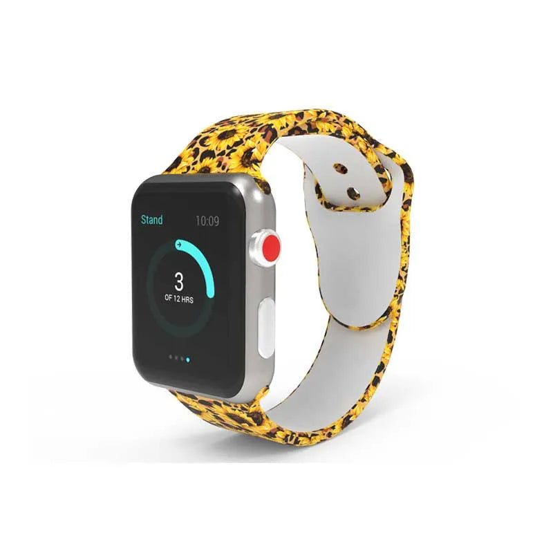 Colourful tie-dye silicone Apple Watch band with connector, shown alongside long and standard length options.