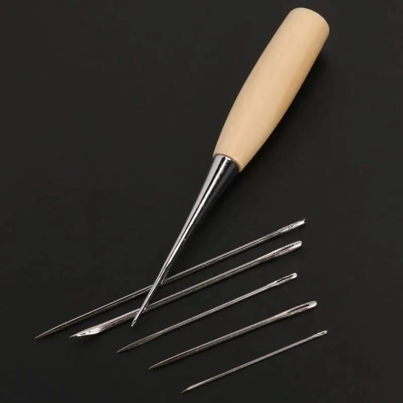 Leather craft tool set with four alloy steel tools in compact leather case