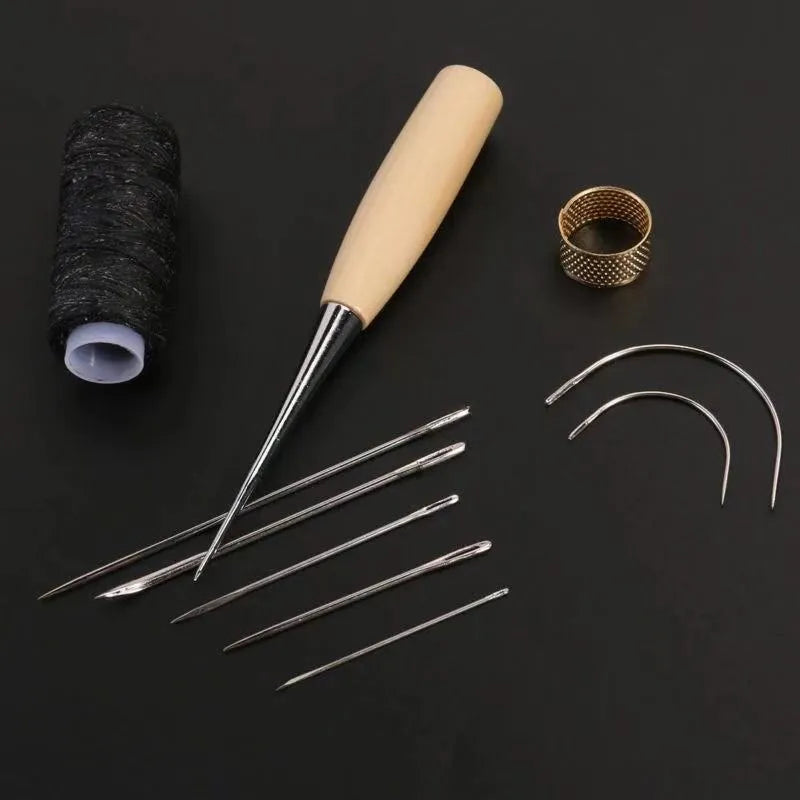 Leather craft tool set with four alloy steel tools in compact leather case