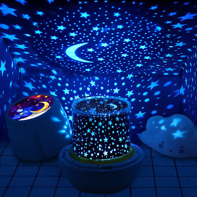 Pruixin LED projector night light projecting star and heart patterns on a bedroom wall.