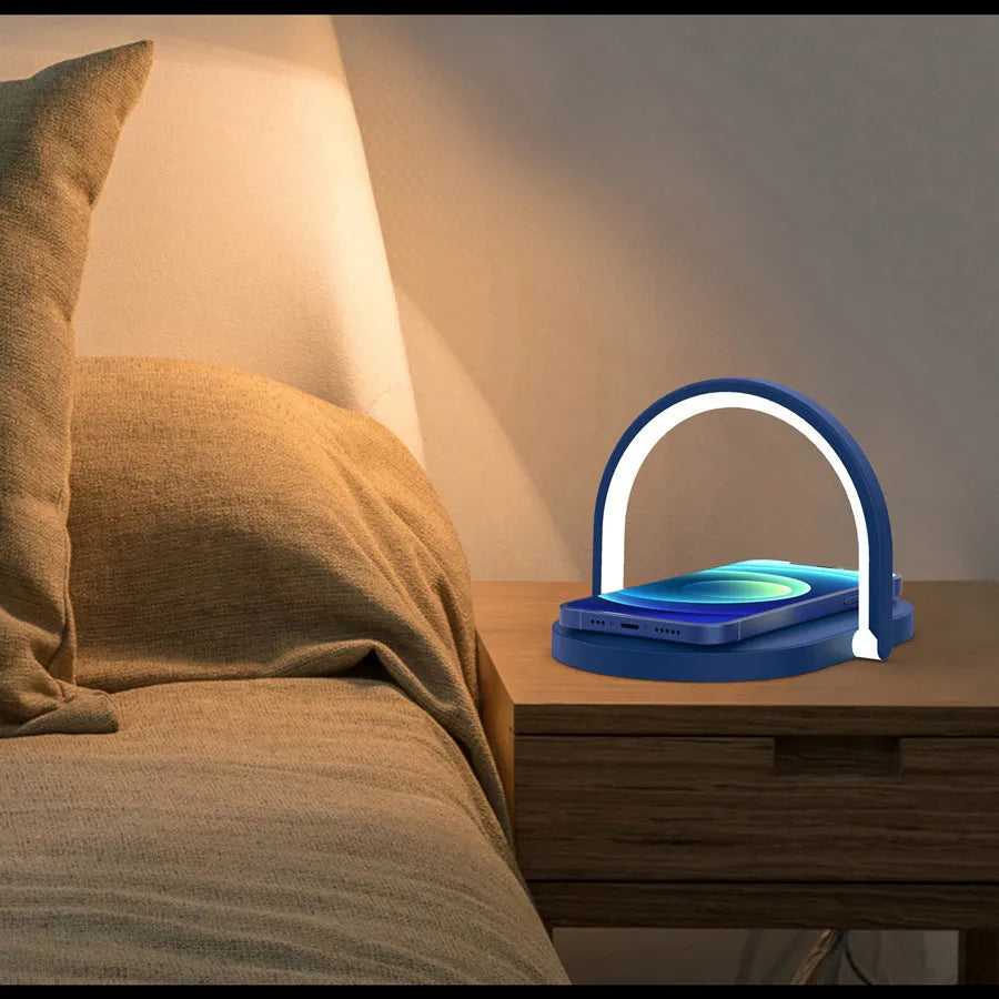 Black and white wireless charging station with night light and phone holder