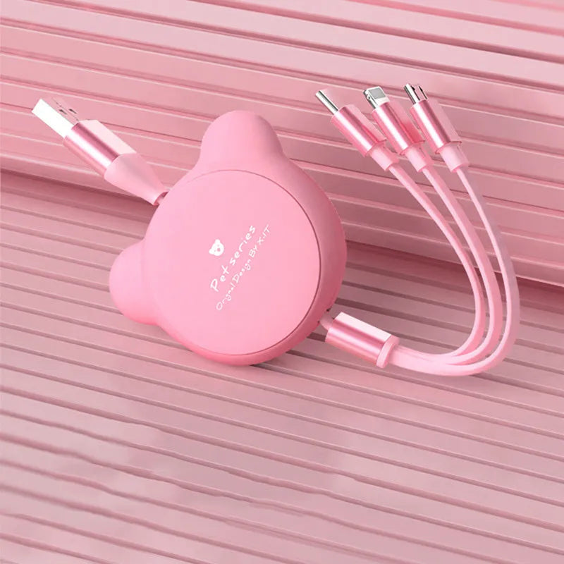 Telescopic red bear figure holding Mini USB, 30PIN, and Micro USB charging cables