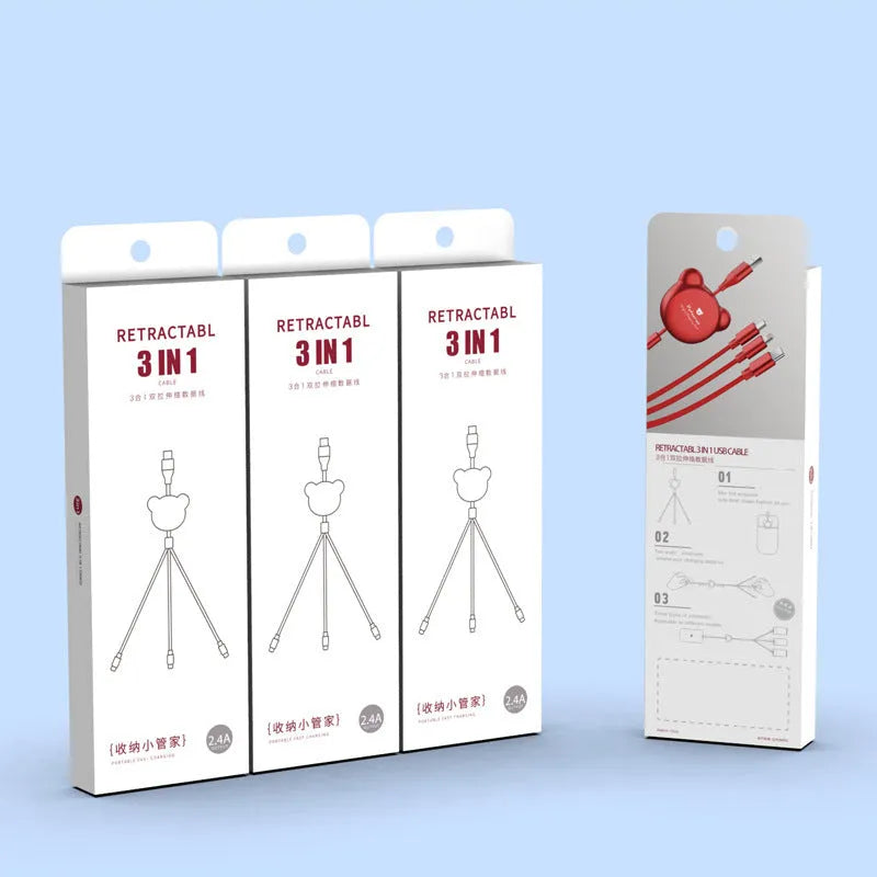 Telescopic red bear figure holding Mini USB, 30PIN, and Micro USB charging cables