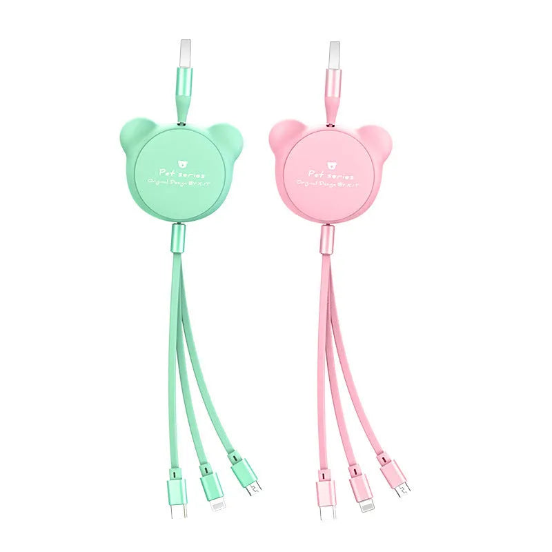 Telescopic red bear figure holding Mini USB, 30PIN, and Micro USB charging cables