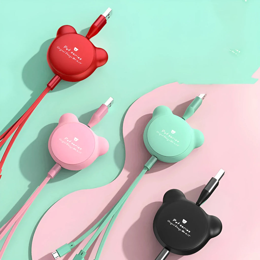 Telescopic red bear figure holding Mini USB, 30PIN, and Micro USB charging cables