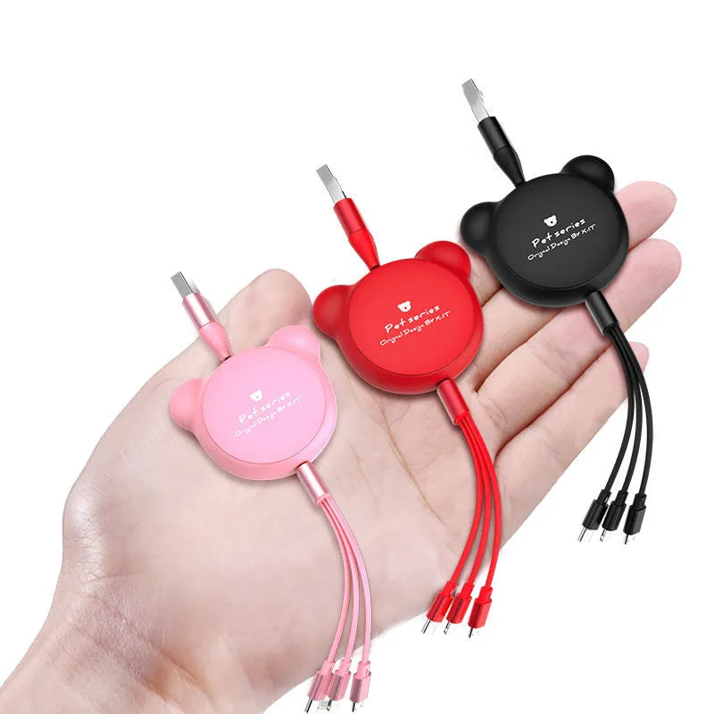 Telescopic red bear figure holding Mini USB, 30PIN, and Micro USB charging cables