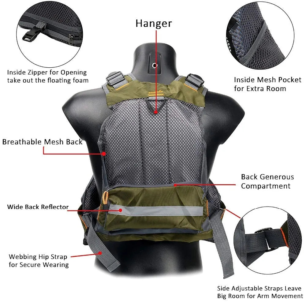Fishing life jacket with removable foam buoyancy, multiple chest pockets, and shoulder reflectors