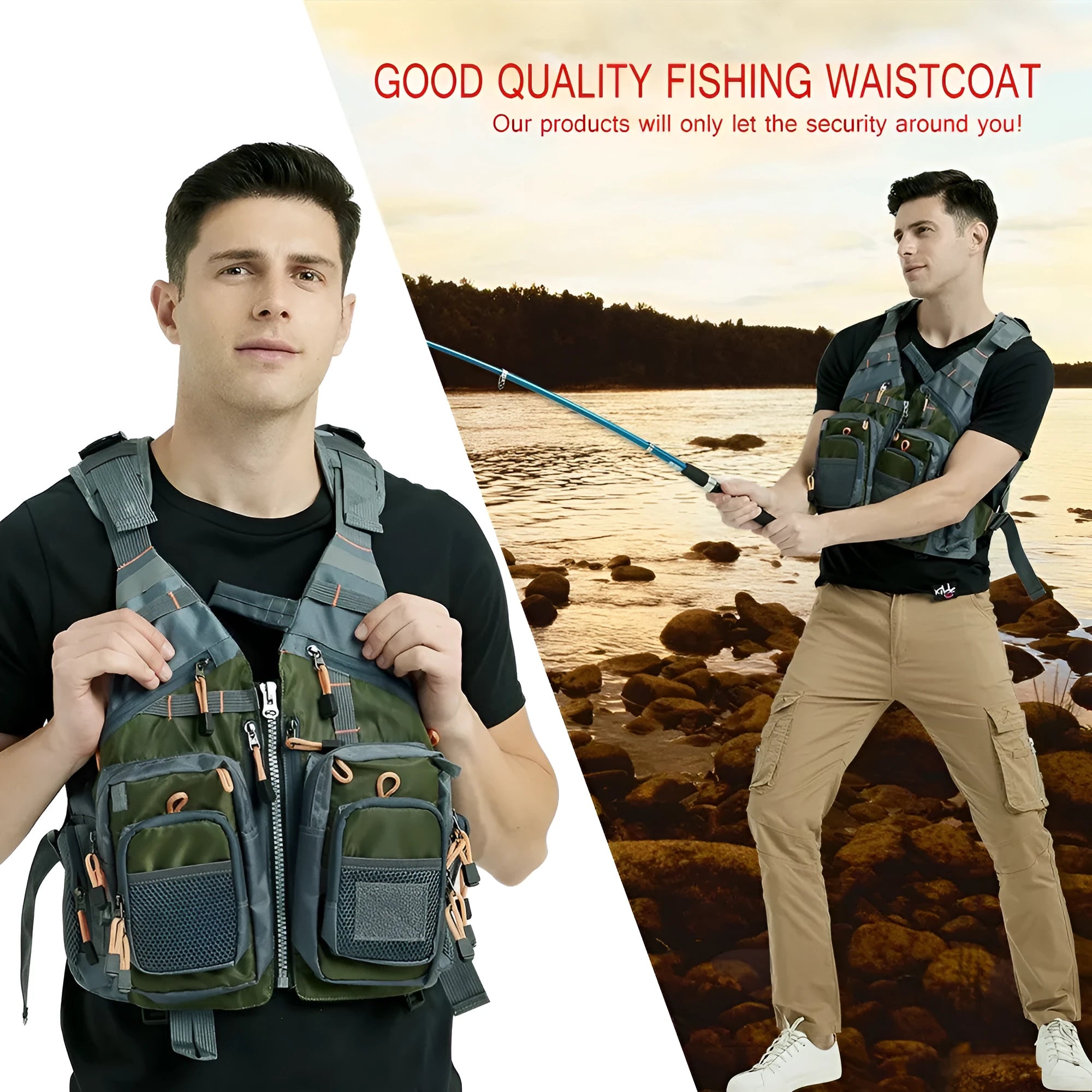 Fishing life jacket with removable foam buoyancy, multiple chest pockets, and shoulder reflectors