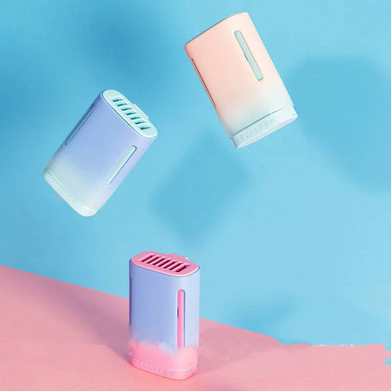 Jelly design mini USB fan shown in mint peach colour, featuring a compact body and a detachable neck strap.
