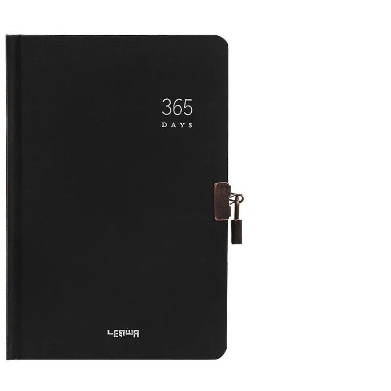 A5 locked hardcover diary with key in beige camel and ya black colour options, shown open on Daolin paper pages.