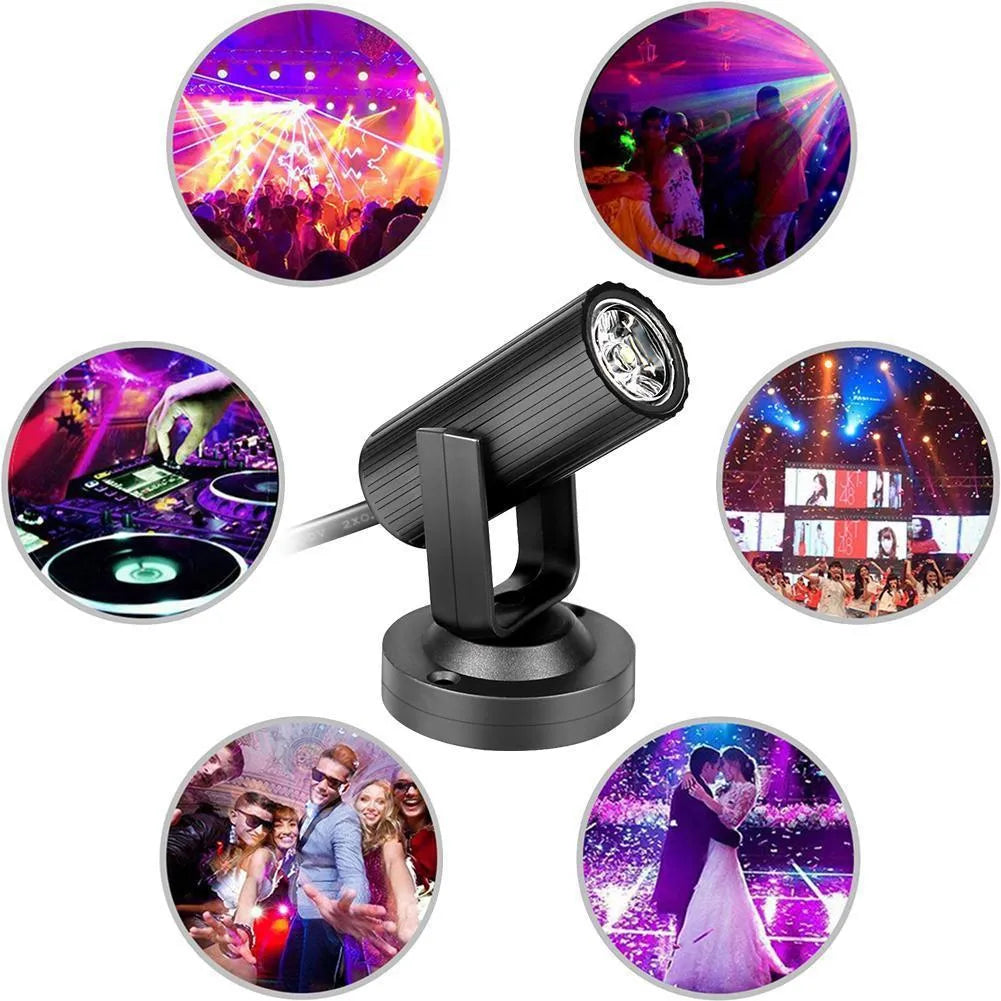 Black 1W RGBW LED professional stage pinspot beam spotlight on a white background