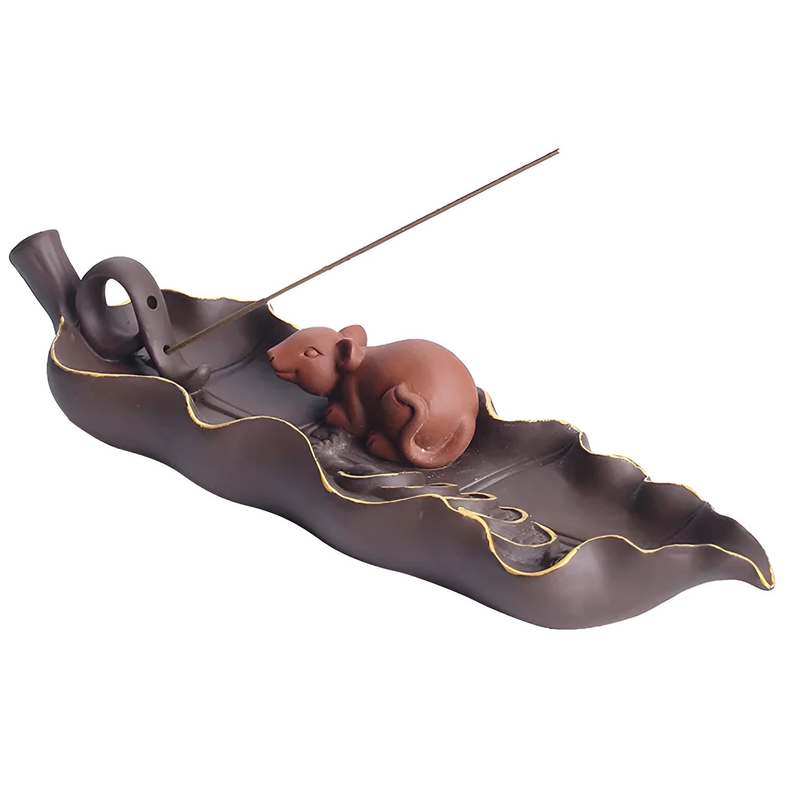 Purple clay ceramic lying incense burner with golden rat design for incense sticks