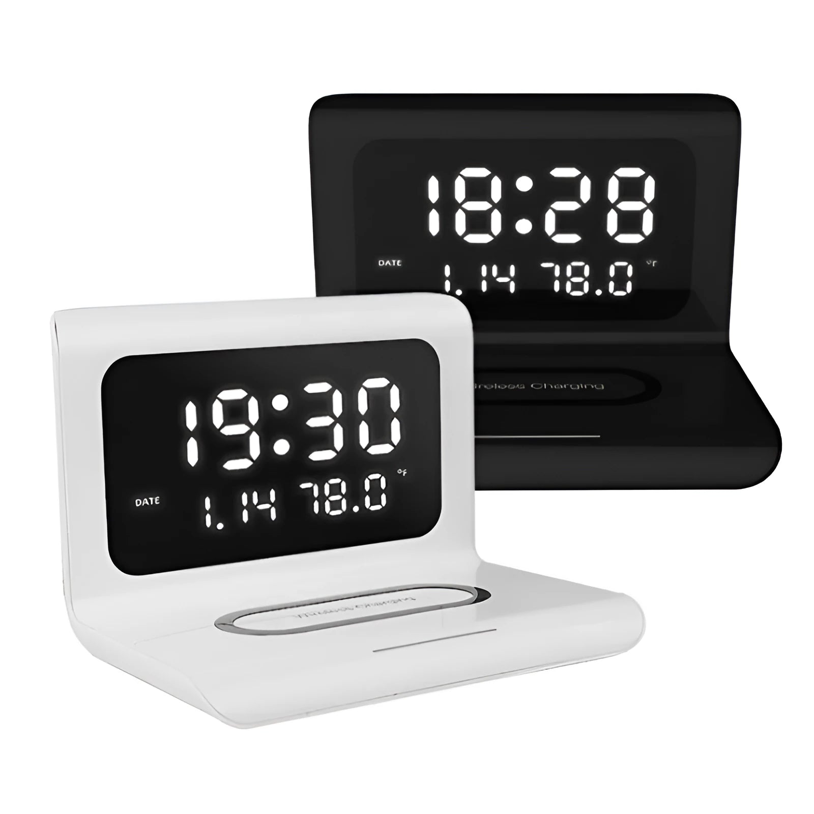 White wireless charger alarm clock showing time, date and temperature display with phone charging on surface