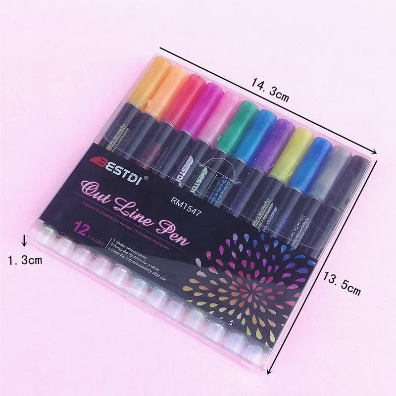 12-colour double-line contour pen and highlighter marker set in plastic shells with boxed packaging
