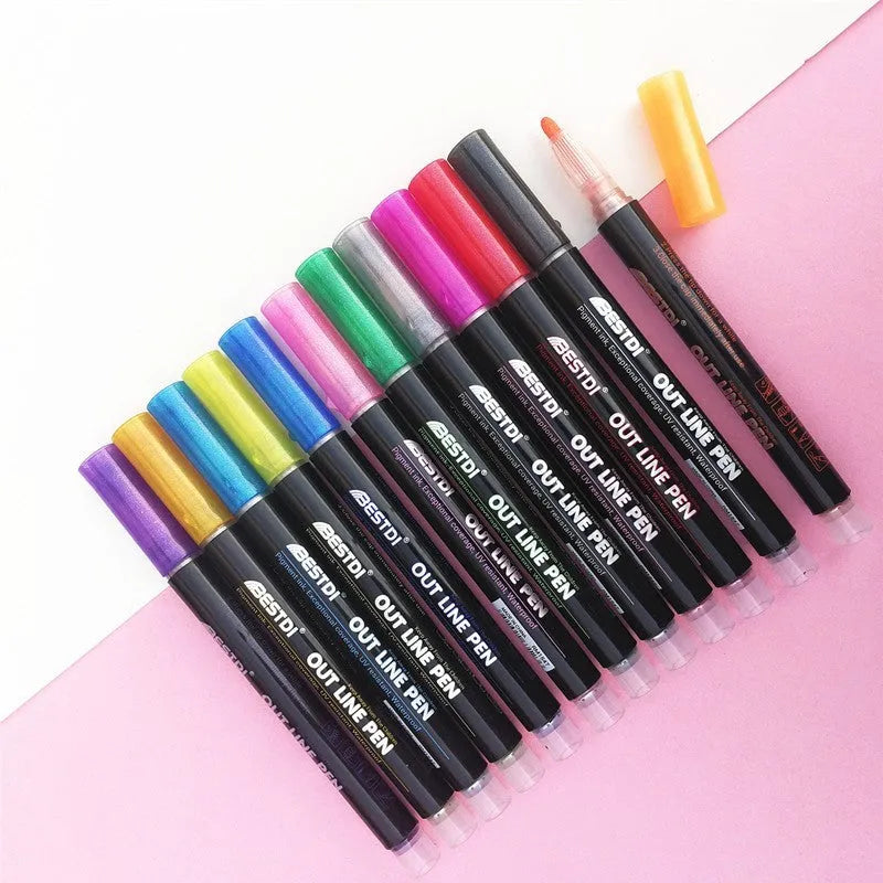 12-colour double-line contour pen and highlighter marker set in plastic shells with boxed packaging