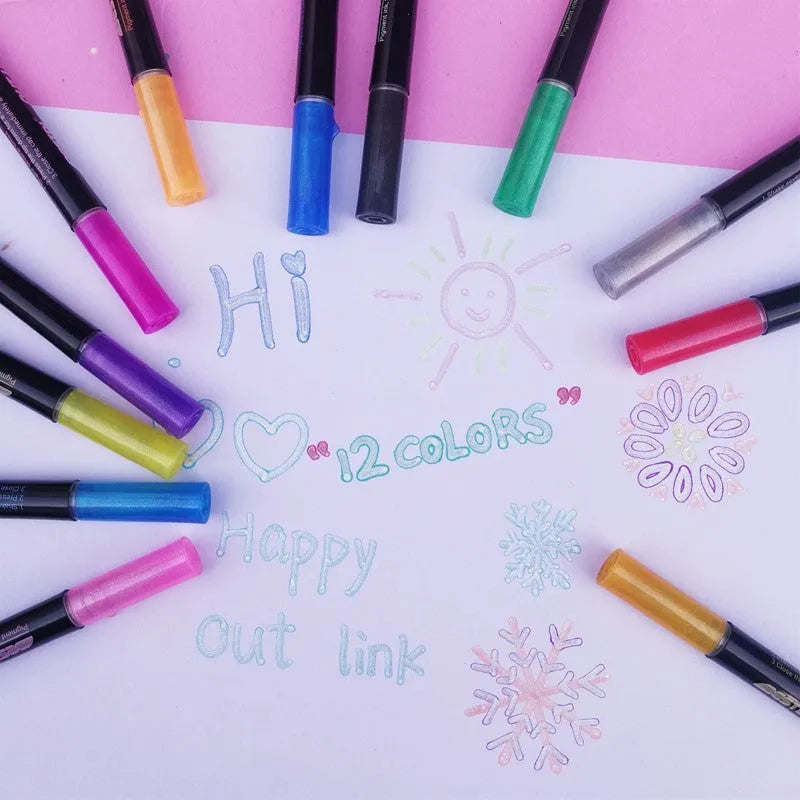 12-colour double-line contour pen and highlighter marker set in plastic shells with boxed packaging