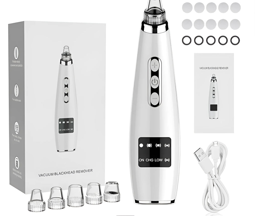 Electric blackhead suction instrument in black, 173x44x40mm, with five gear settings and USB charging