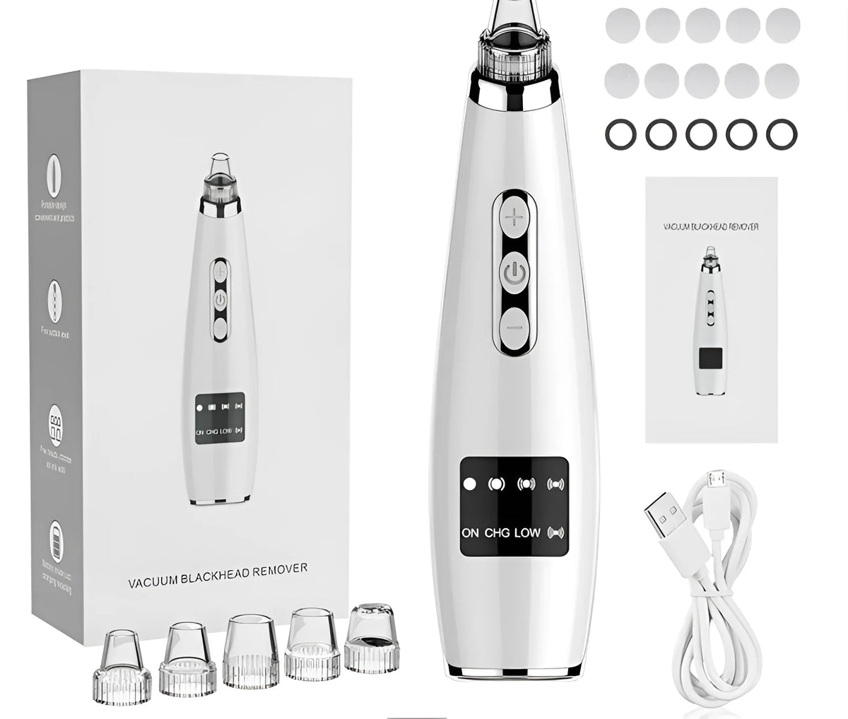 Electric blackhead suction instrument in black, 173x44x40mm, with five gear settings and USB charging