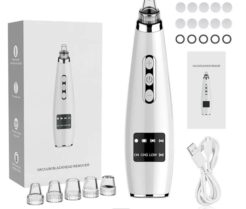 Electric blackhead suction instrument in black, 173x44x40mm, with five gear settings and USB charging