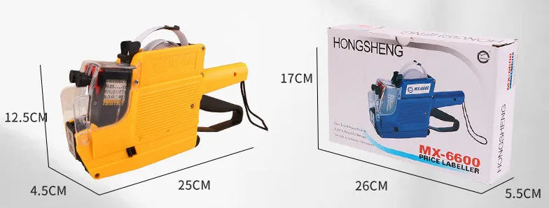 Blue manual handheld pricing machine with ink roller and paper rolls for supermarket labelling.