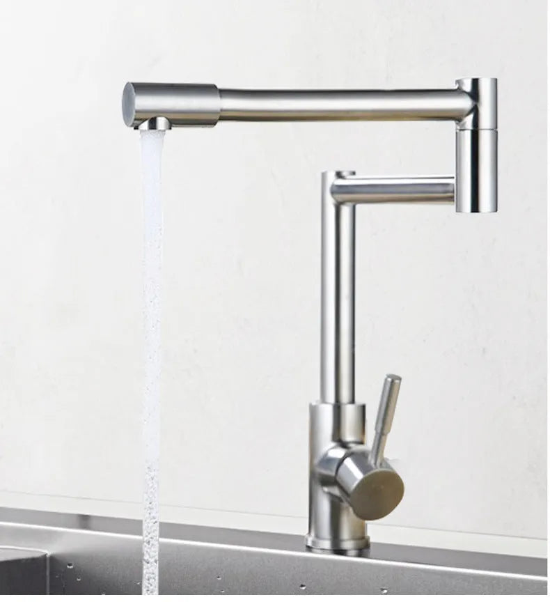 Silver stainless steel kitchen tap with 360-degree rotating faucet head and lifting handle.
