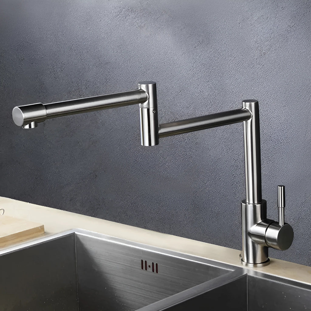 Silver stainless steel kitchen tap with 360-degree rotating faucet head and lifting handle.