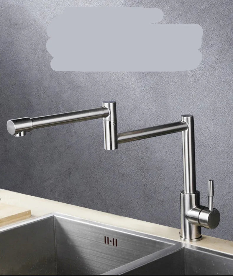 Silver stainless steel kitchen tap with 360-degree rotating faucet head and lifting handle.