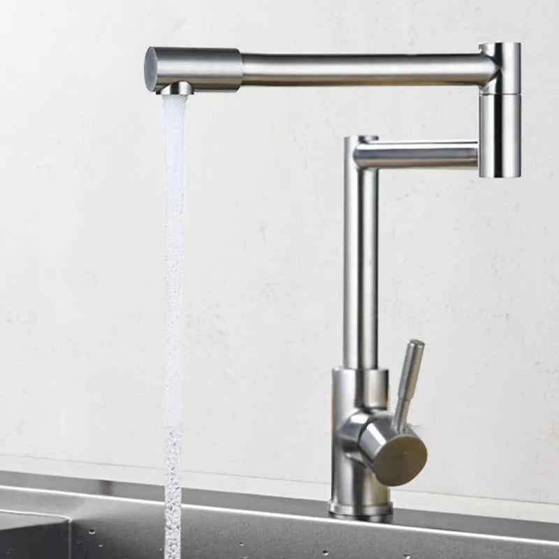 Silver stainless steel kitchen tap with 360-degree rotating faucet head and lifting handle.