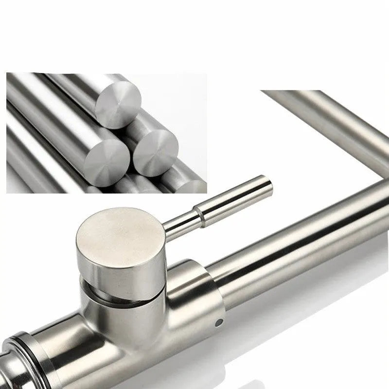 Silver stainless steel kitchen tap with 360-degree rotating faucet head and lifting handle.