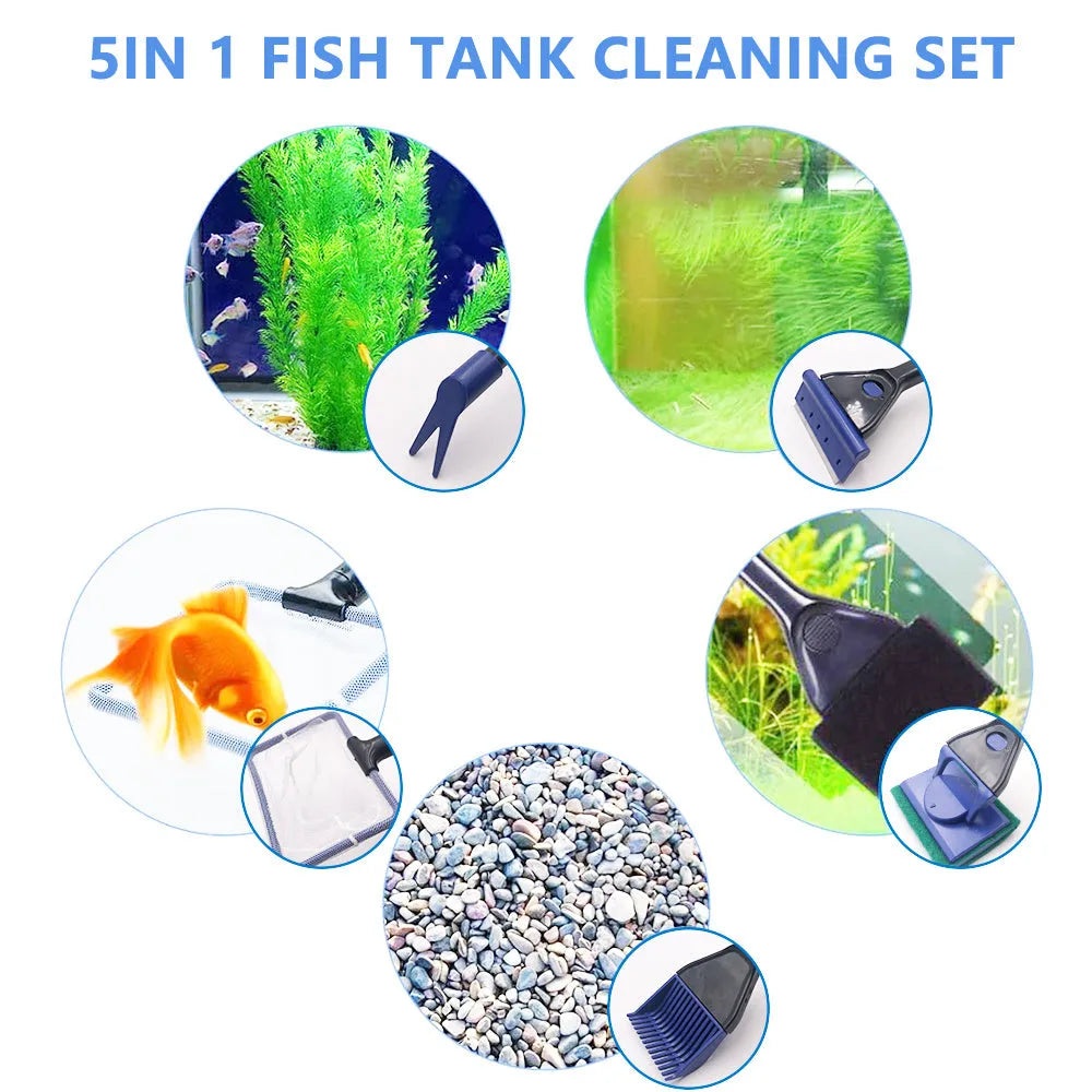5-in-1 aquarium cleaning tool with black and blue handle showing interchangeable fishing net algae scraper sponge plant fork and gravel rake accessories