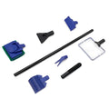 5-in-1 aquarium cleaning tool with black and blue handle showing interchangeable fishing net algae scraper sponge plant fork and gravel rake accessories