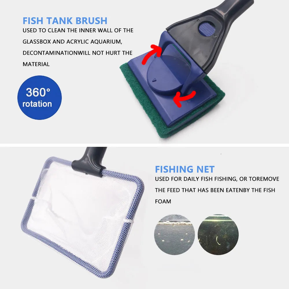 5-in-1 aquarium cleaning tool with black and blue handle showing interchangeable fishing net algae scraper sponge plant fork and gravel rake accessories