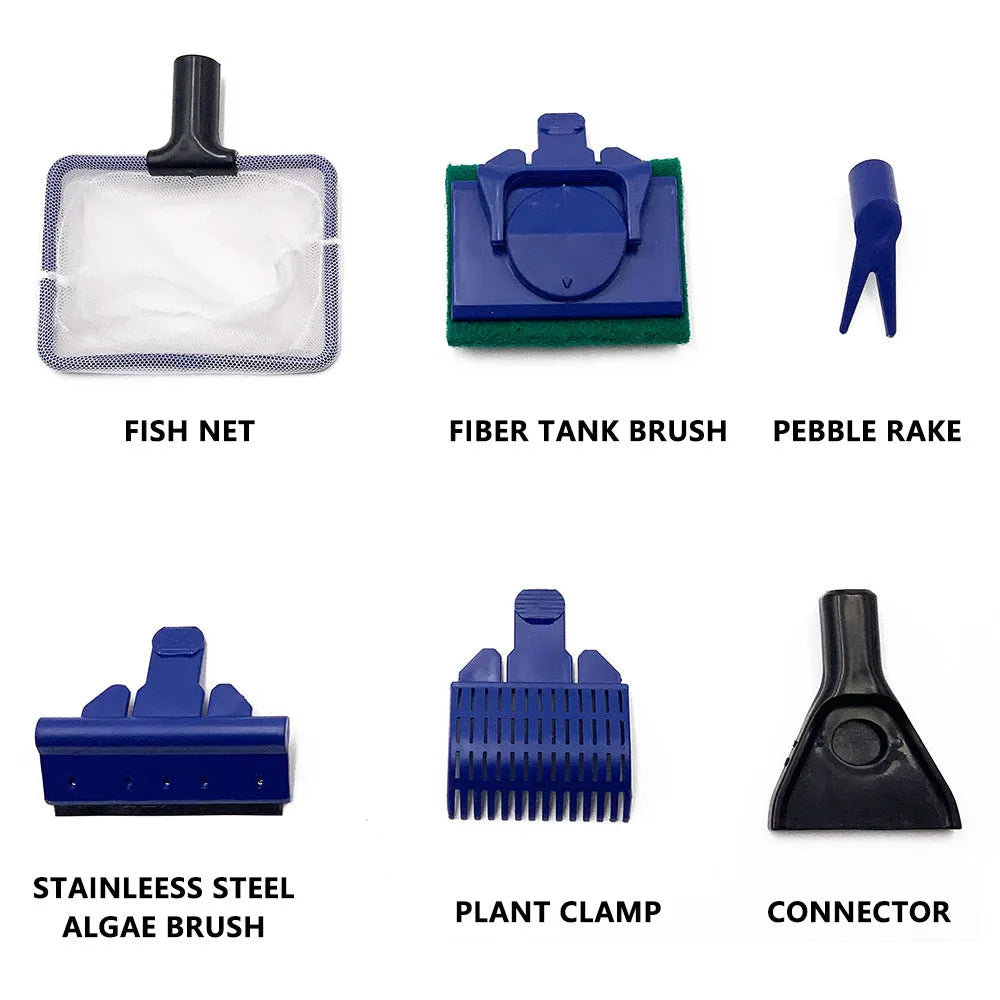 5-in-1 aquarium cleaning tool with black and blue handle showing interchangeable fishing net algae scraper sponge plant fork and gravel rake accessories