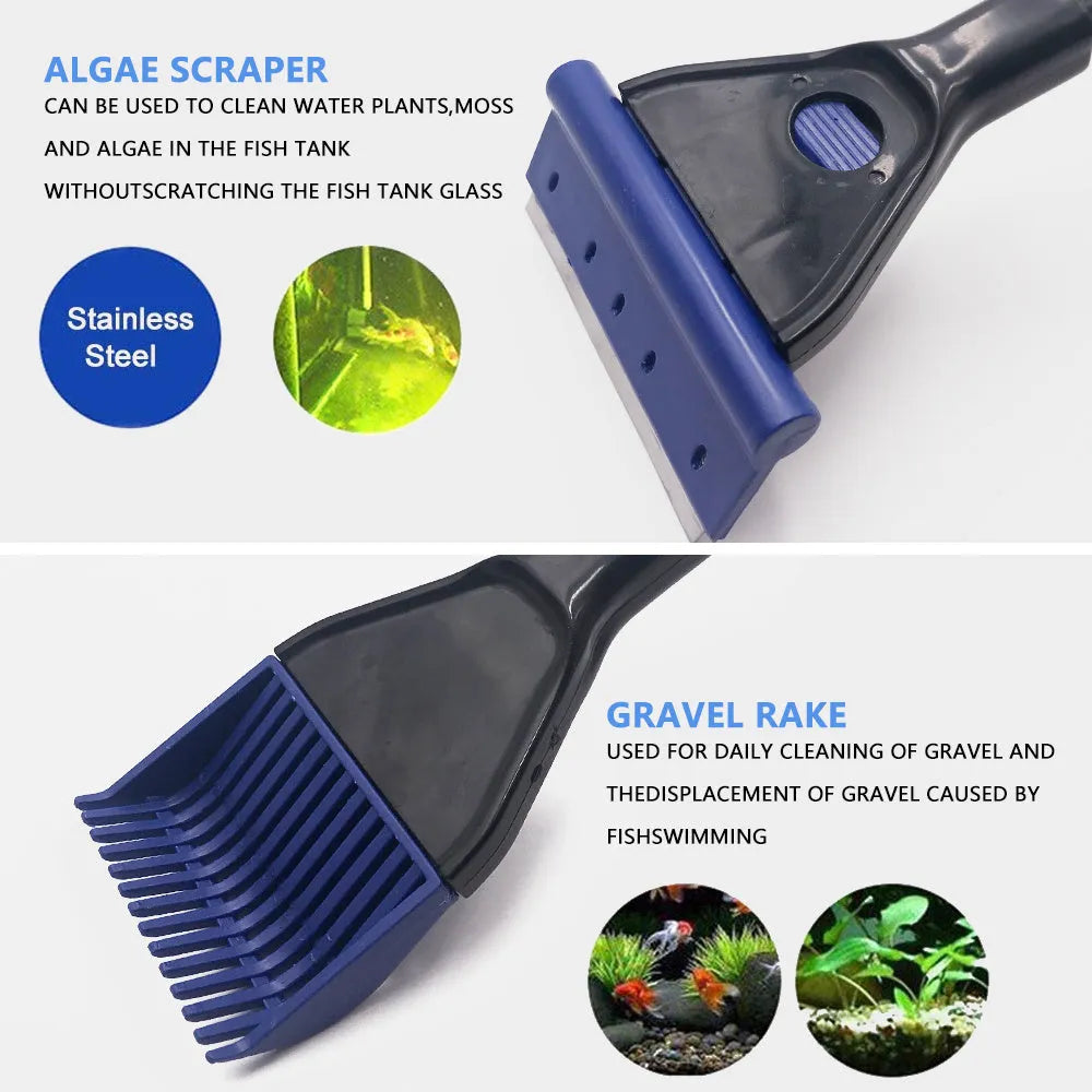 5-in-1 aquarium cleaning tool with black and blue handle showing interchangeable fishing net algae scraper sponge plant fork and gravel rake accessories