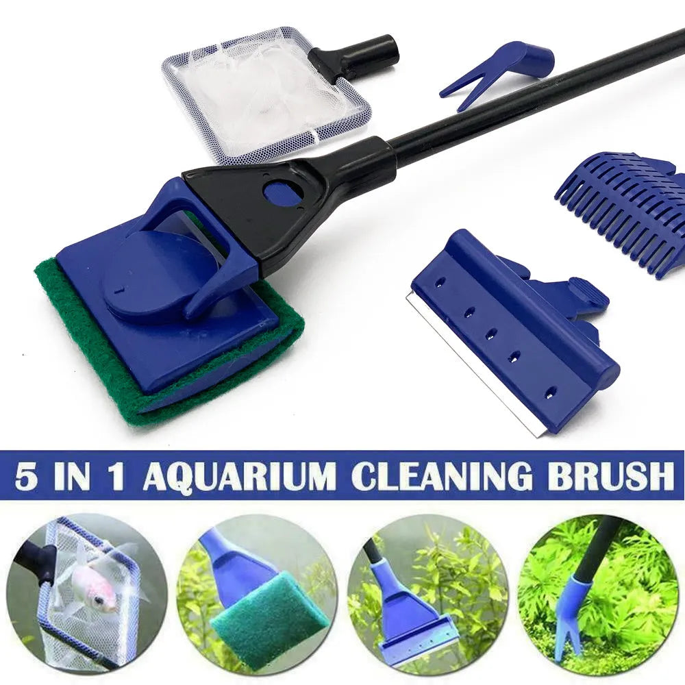 5-in-1 aquarium cleaning tool with black and blue handle showing interchangeable fishing net algae scraper sponge plant fork and gravel rake accessories