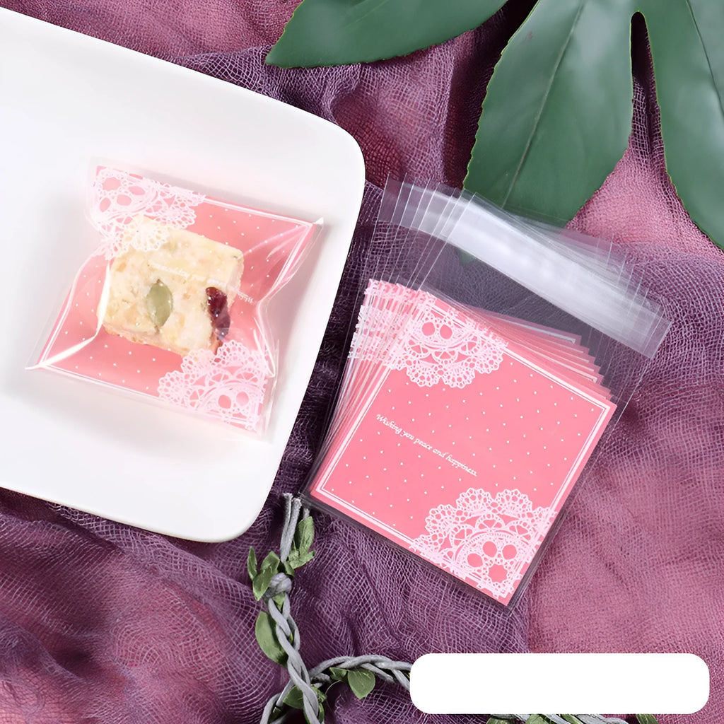 Pink self-adhesive plastic packaging bag for handmade soap, shown with dimensions 7cm by 7cm.