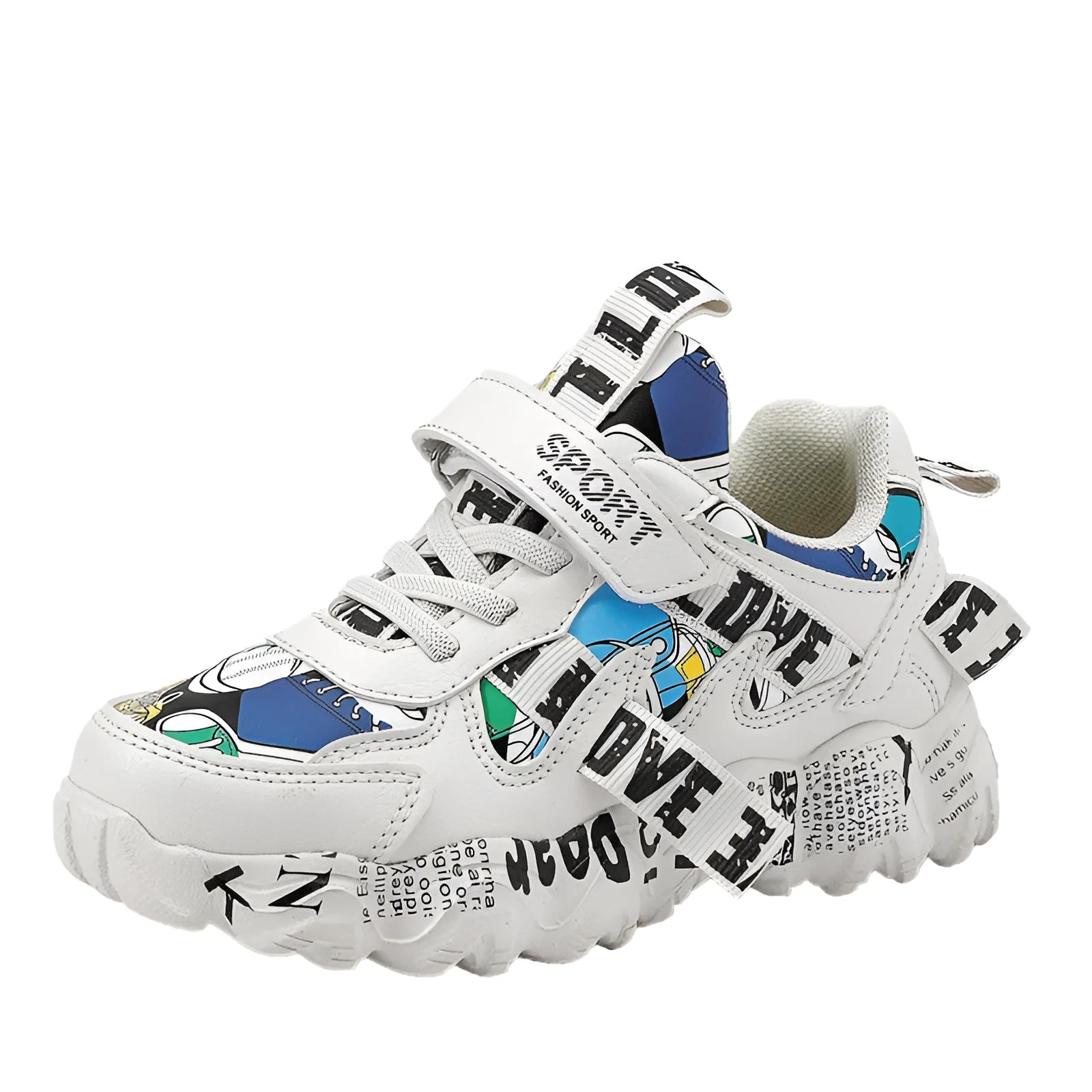 Boys' velcro sneakers in beige blue, white red, and bright red on a rubber sole