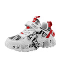 Boys' velcro sneakers in beige blue, white red, and bright red on a rubber sole