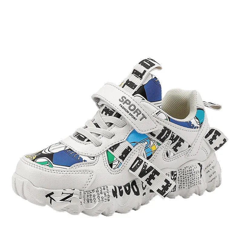 Boys' velcro sneakers in beige blue, white red, and bright red on a rubber sole
