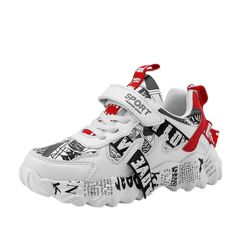 Boys' velcro sneakers in beige blue, white red, and bright red on a rubber sole