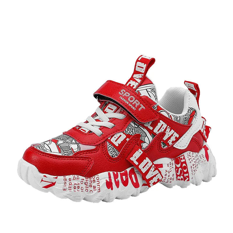 Boys' velcro sneakers in beige blue, white red, and bright red on a rubber sole
