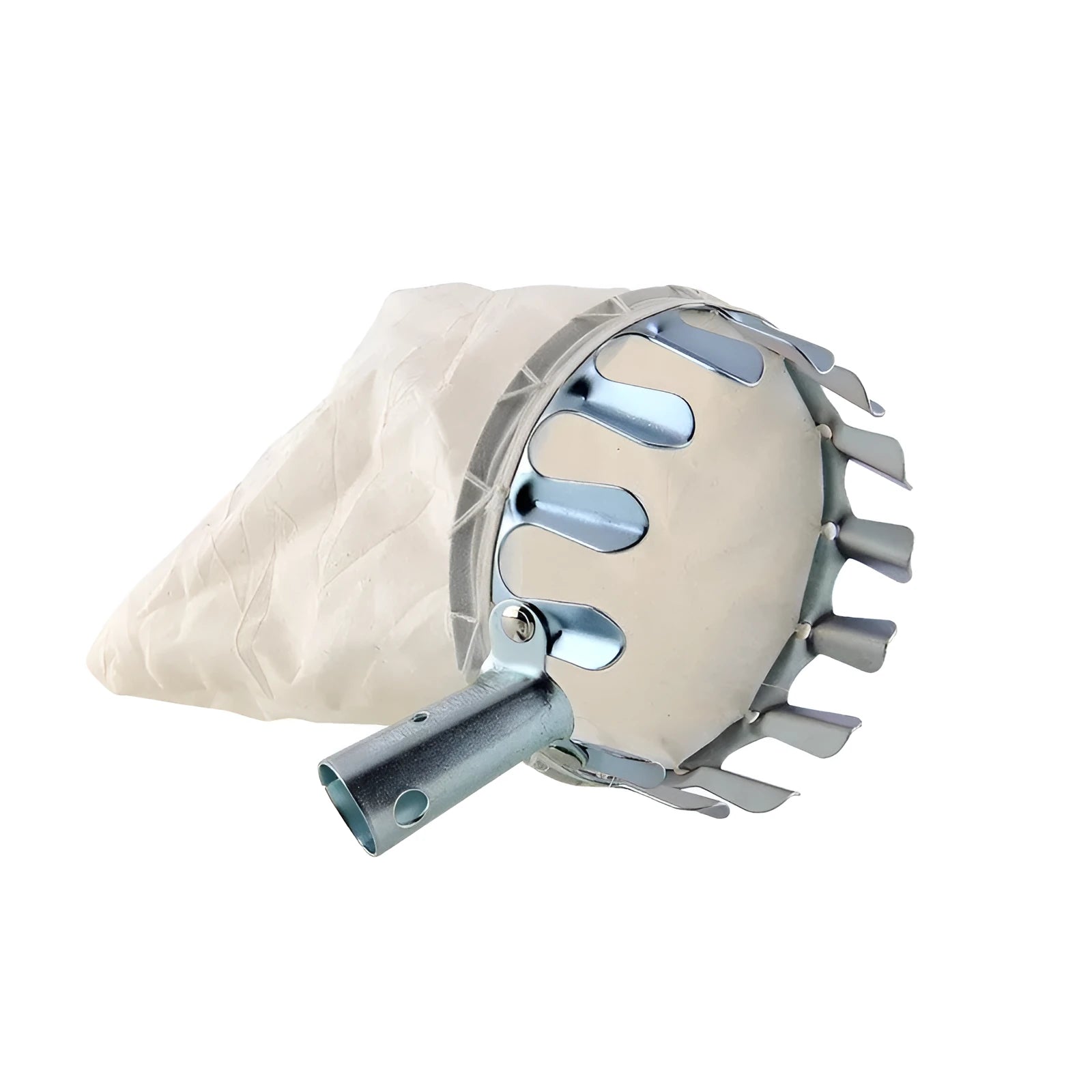 Steel frame fruit picker garden tool with a cloth catcher bag for harvesting citrus and pears.