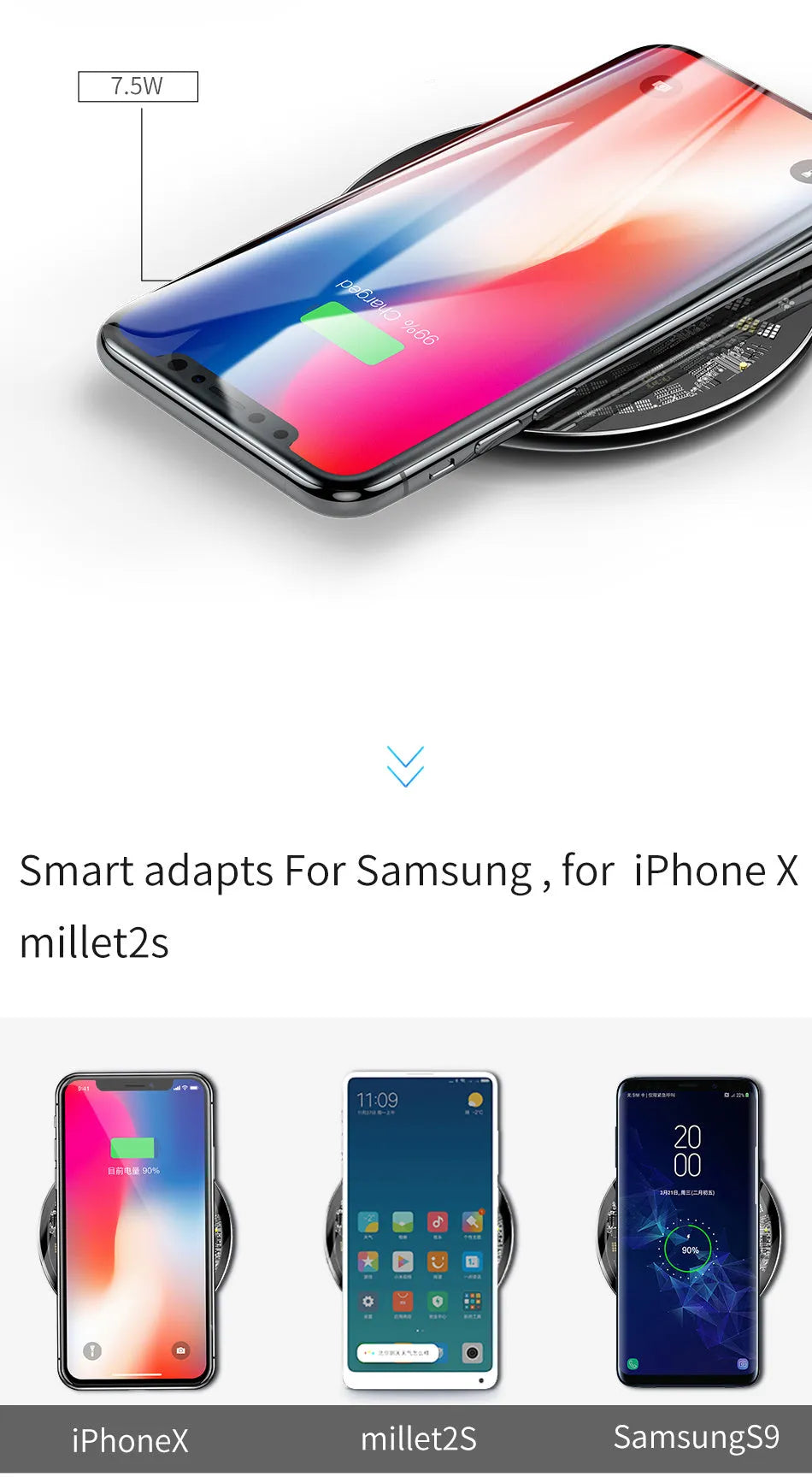 Minimalist wireless charger with ultra-thin glass design, available in black, transparent, or white