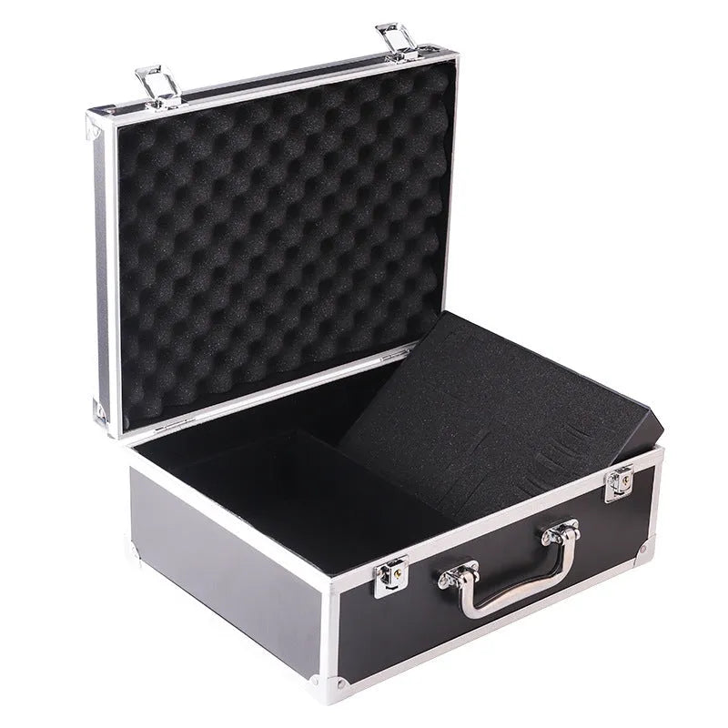 Black aluminium alloy tattoo equipment storage box with fitted interior for needles and ink.