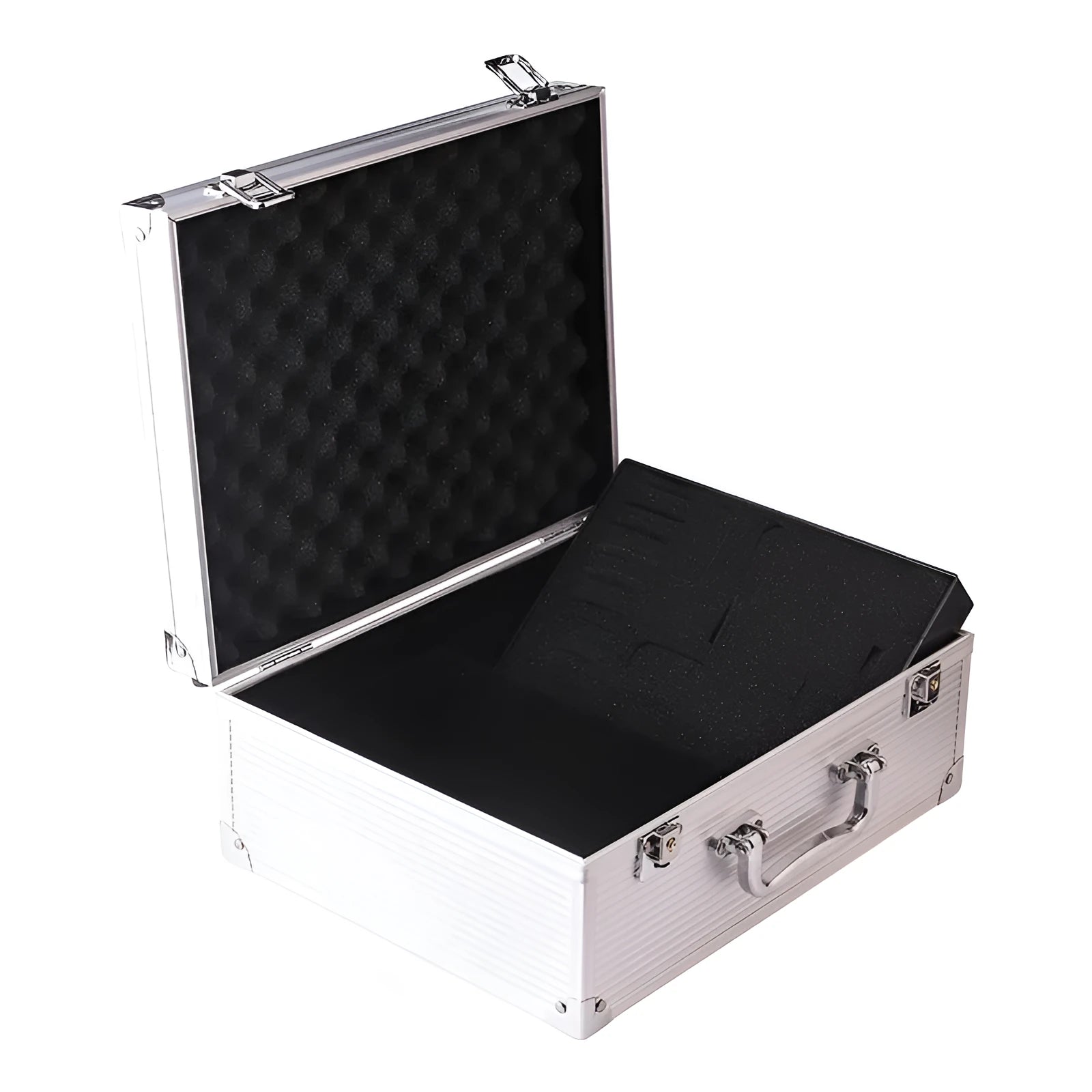Black aluminium alloy tattoo equipment storage box with fitted interior for needles and ink.
