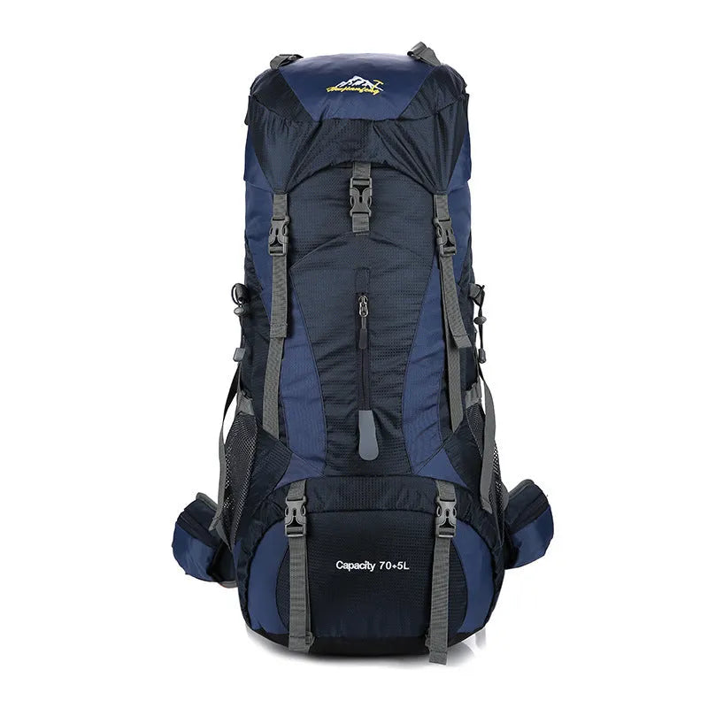 Large capacity unisex mountaineering backpack with multiple pockets and pull strap buckle in black
