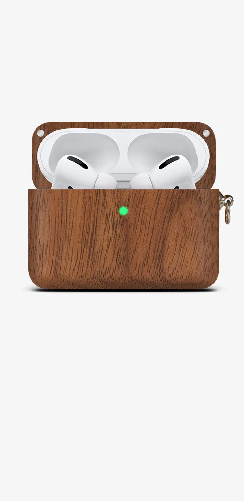 Solid wood hard shell earphone sleeve case compatible with Apple and Bluetooth wireless earphones.