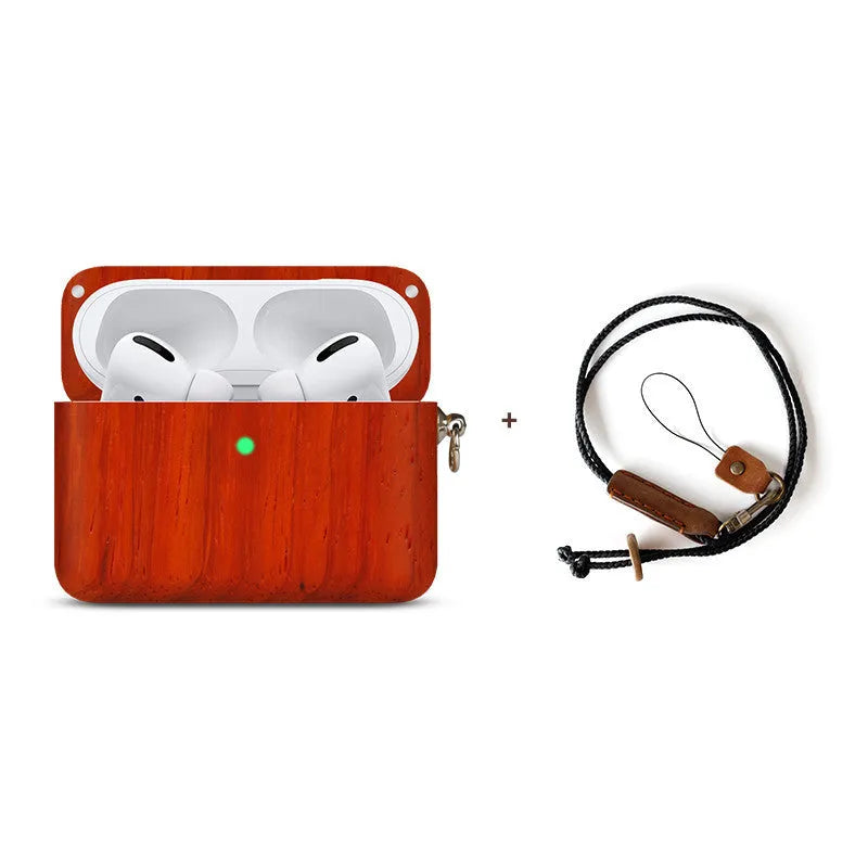Solid wood hard shell earphone sleeve case compatible with Apple and Bluetooth wireless earphones.